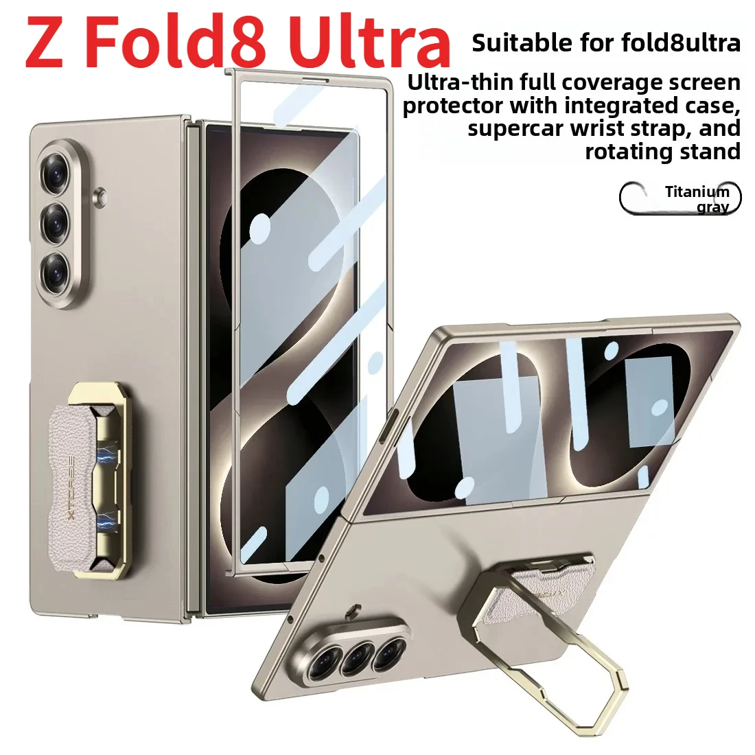 Full-coverage Phone Case for Samsung Galaxy Z Fold8 Ultra Screen Protector Wristband Rotating Bracket Stand Back Z Fold8 Ultra C
