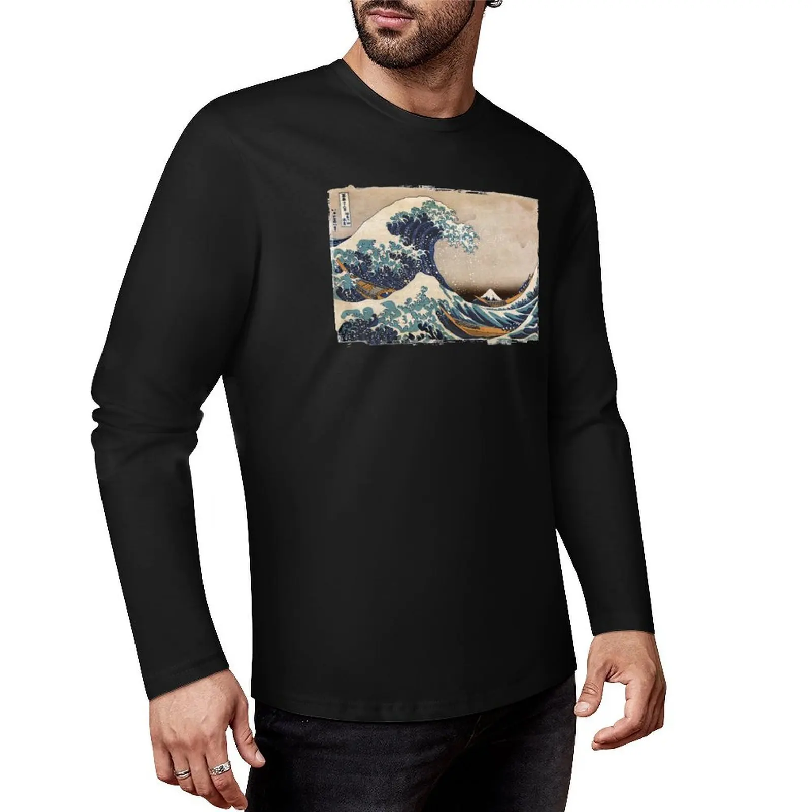 

Длинная футболка The Great Wave off Kanagawa, черные футболки, мужская одежда, топы больших размеров, возвышенная футболка, мужские тренировочные рубашки