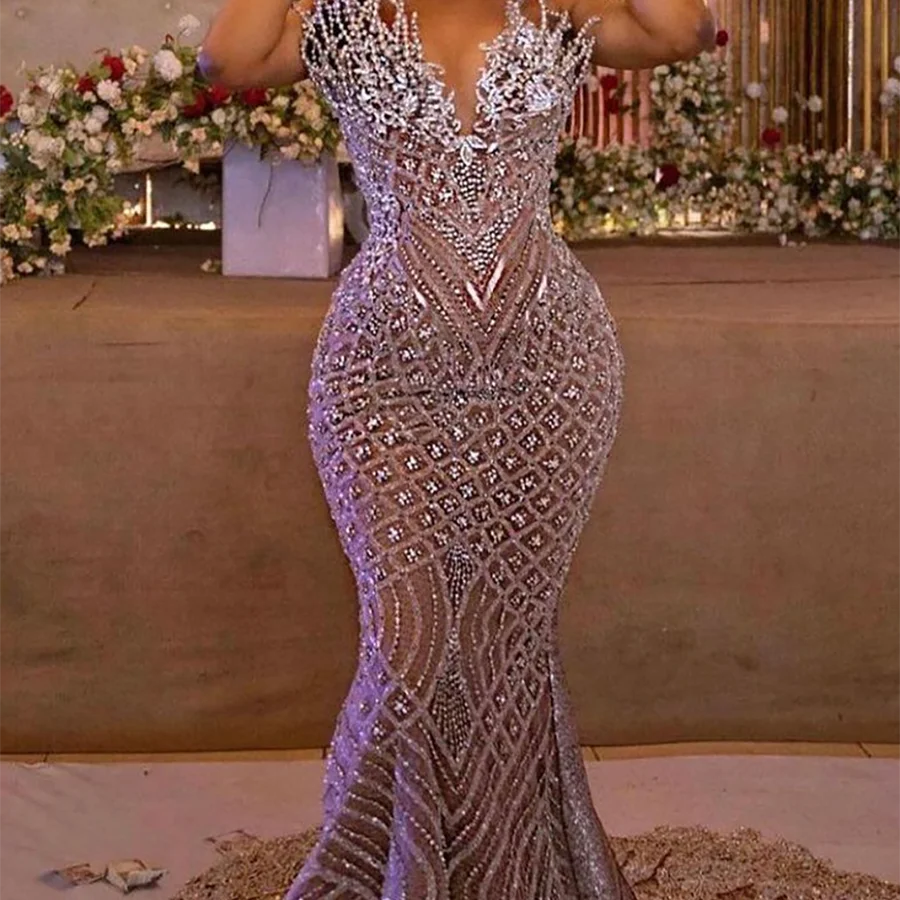 

Luxury V-Neck Sequined Appliques Sleeveless Mermaid Formal Evening Dresses Birthday Party Prom Gowns Customized