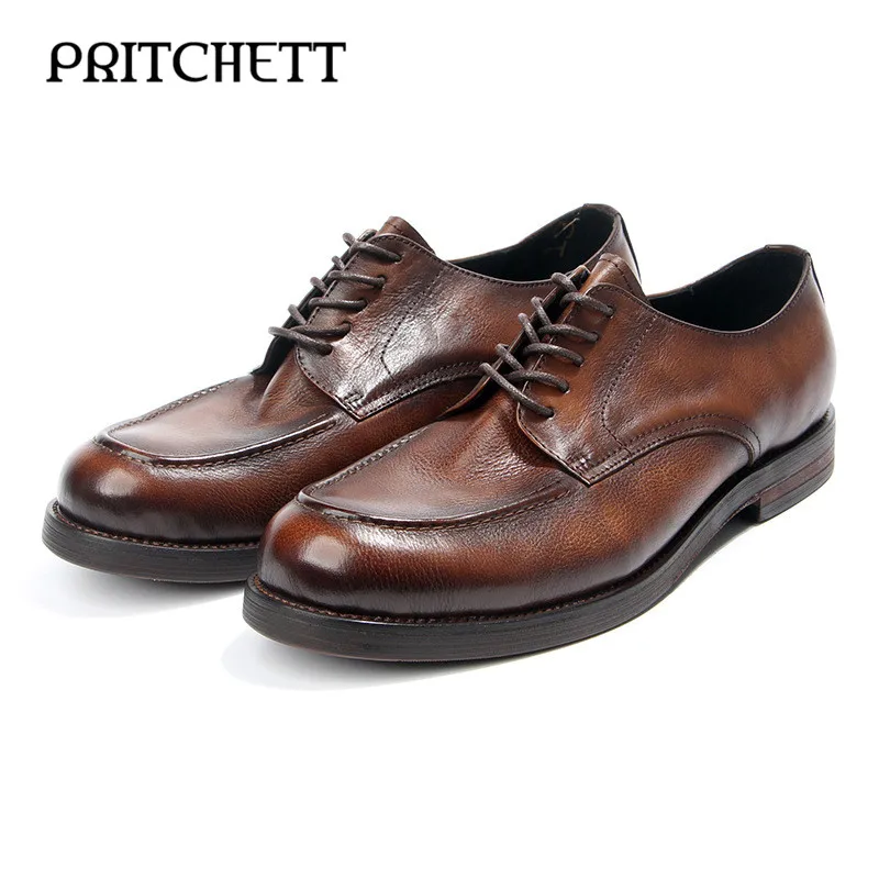 Handmade Retro Round-Toe Leather Shoes Business Polished Color Distressed Big-Toe Lace-Up Shoes Personality Casual Men's Shoes