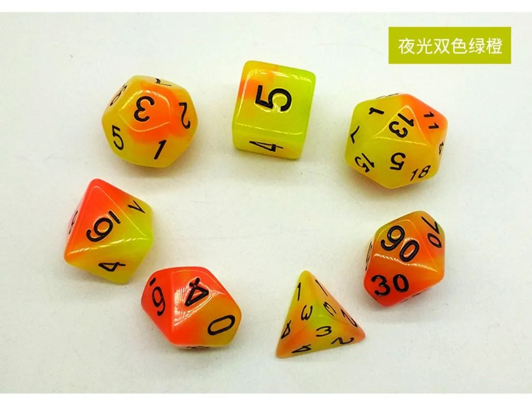 

7 шт. светящиеся в темноте двухцветные кубики из смолы, набор D4 D6 D8 D10 D12 D20 для настольных ролевых игр TRPG, многосторонние пронумерованные многогранные