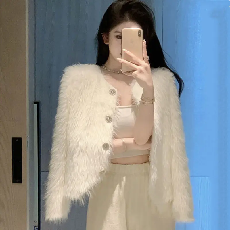 White Long Hair Mink Fleece Cardigan Women Spring and Autumn Celebrity Fashion Small Fragrant Style Foreign Short Cardigan Coat