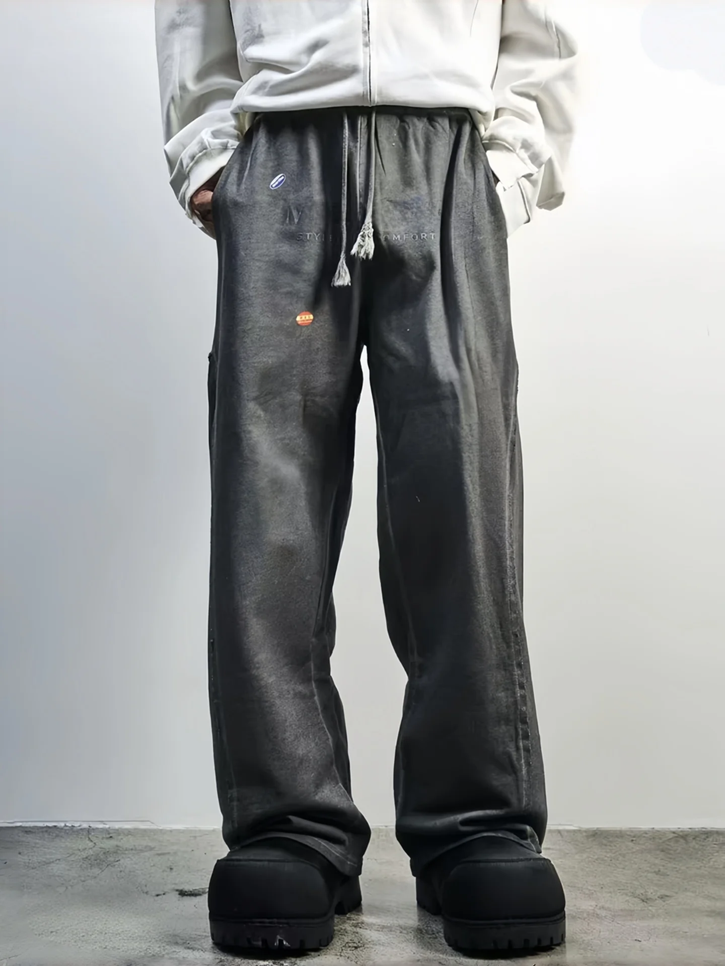 Martine Rose Autumn Winter High Street Trendy Washed Outdated Letter Print Irregular Unisex Casual Pants Long Trousers