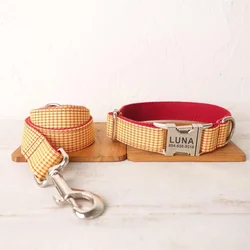 Personalized Dog Collar Custom Pet Collar Free Engraving ID Name Tag Pet Accessory Orange Red Plaid Puppy Collar Leash