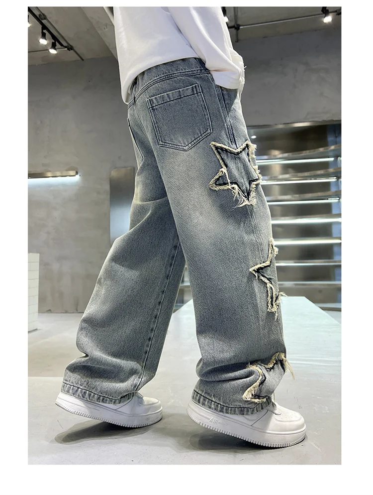 Koreanische Kinder-Jungen-Freizeitjeans mit Fünf-Punkt-Stern-Print, Denim-Hosen für Kinder, Bestseller, Jeans mit elastischem Bund, für Kinder von 5 bis 14 Jahren – Detail 4