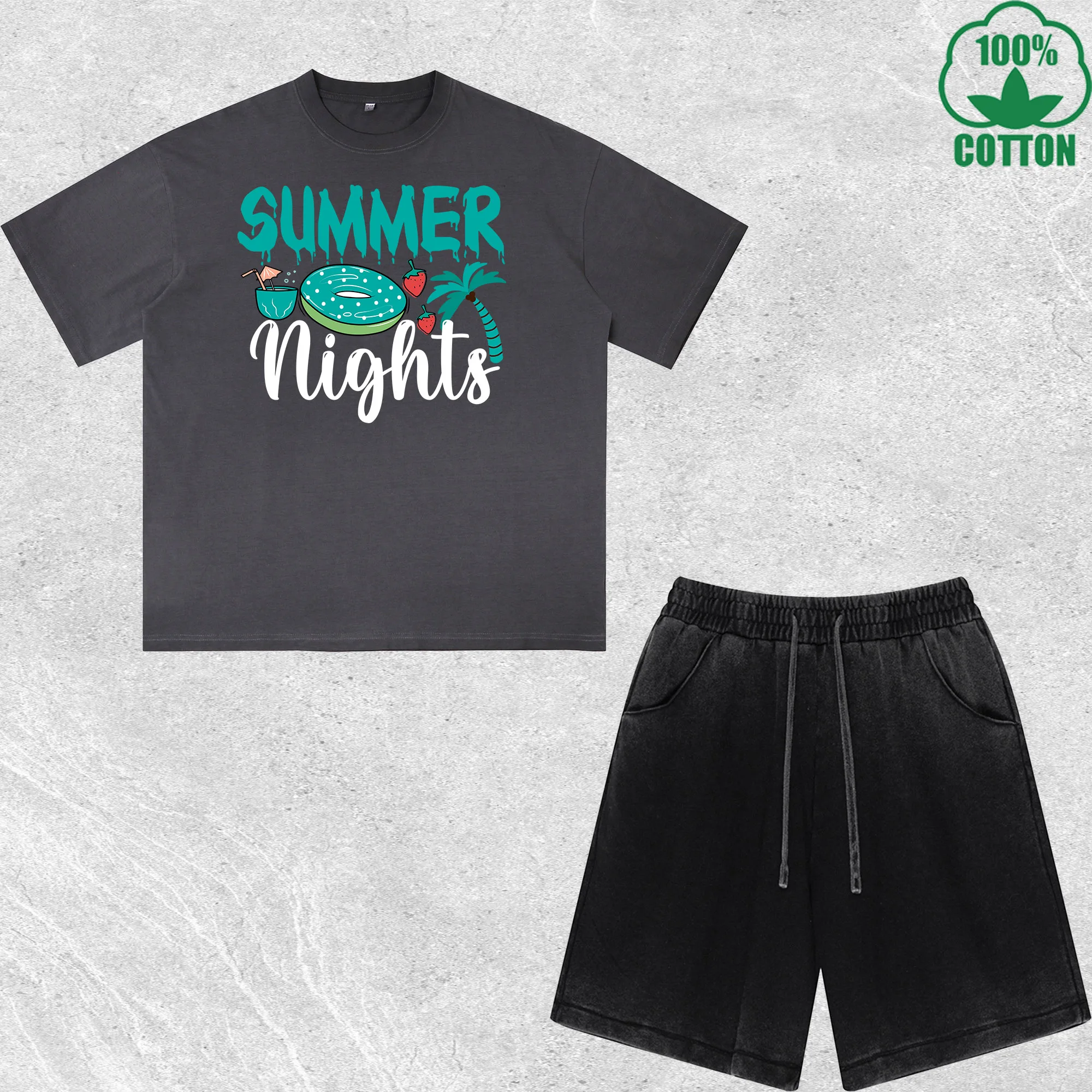 

Summer Nights Printed Dirty Wash T-Shirt Shorts Set Combo Loose Trendy Fashionable 100%Cotton Black Suit