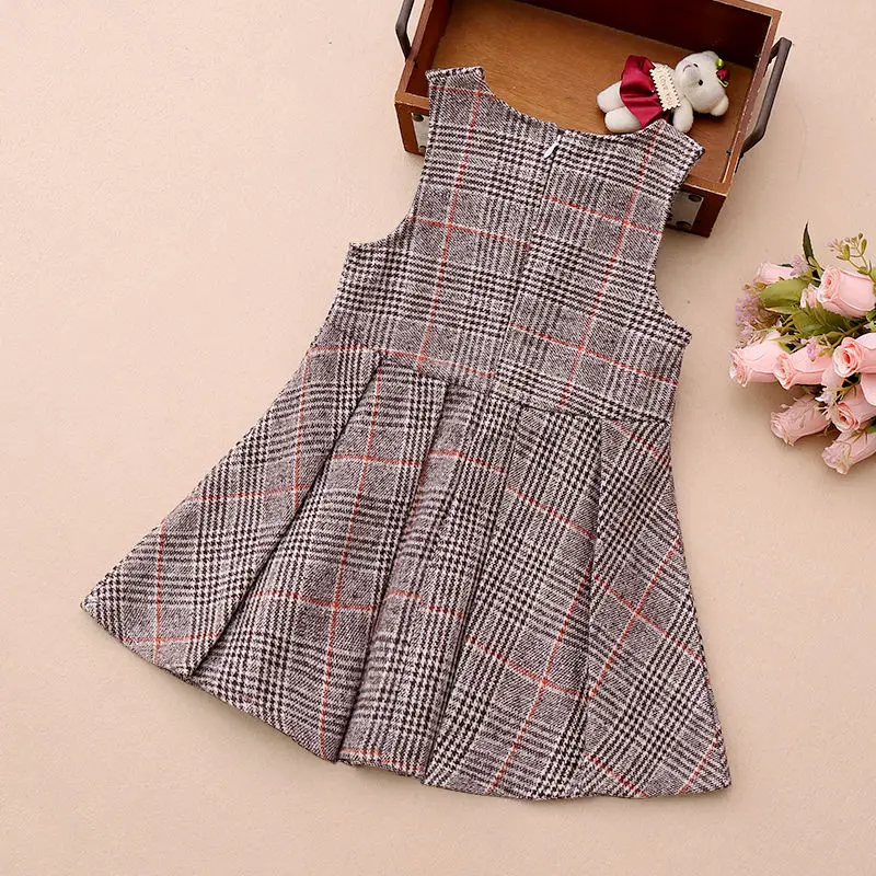 Kids Girls Woolen Sleeveless Dress 2024 New Arrival Children Autumn Winter Dresses Coffee Pink Plaid Casual Dress