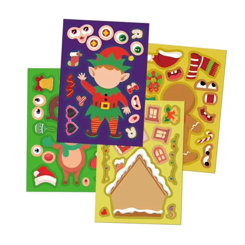 8 Sheets Children Party Decoration Toy Christmas Puzzle Stickers Create Your Own Santa Claus DIY Make-a-Face Jigsaw Games