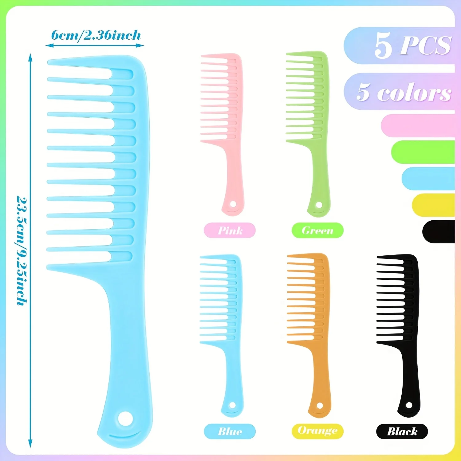 5 Colorful Large-Tooth Combs, Suitable for All Hair Types, for Travel or Daily Use