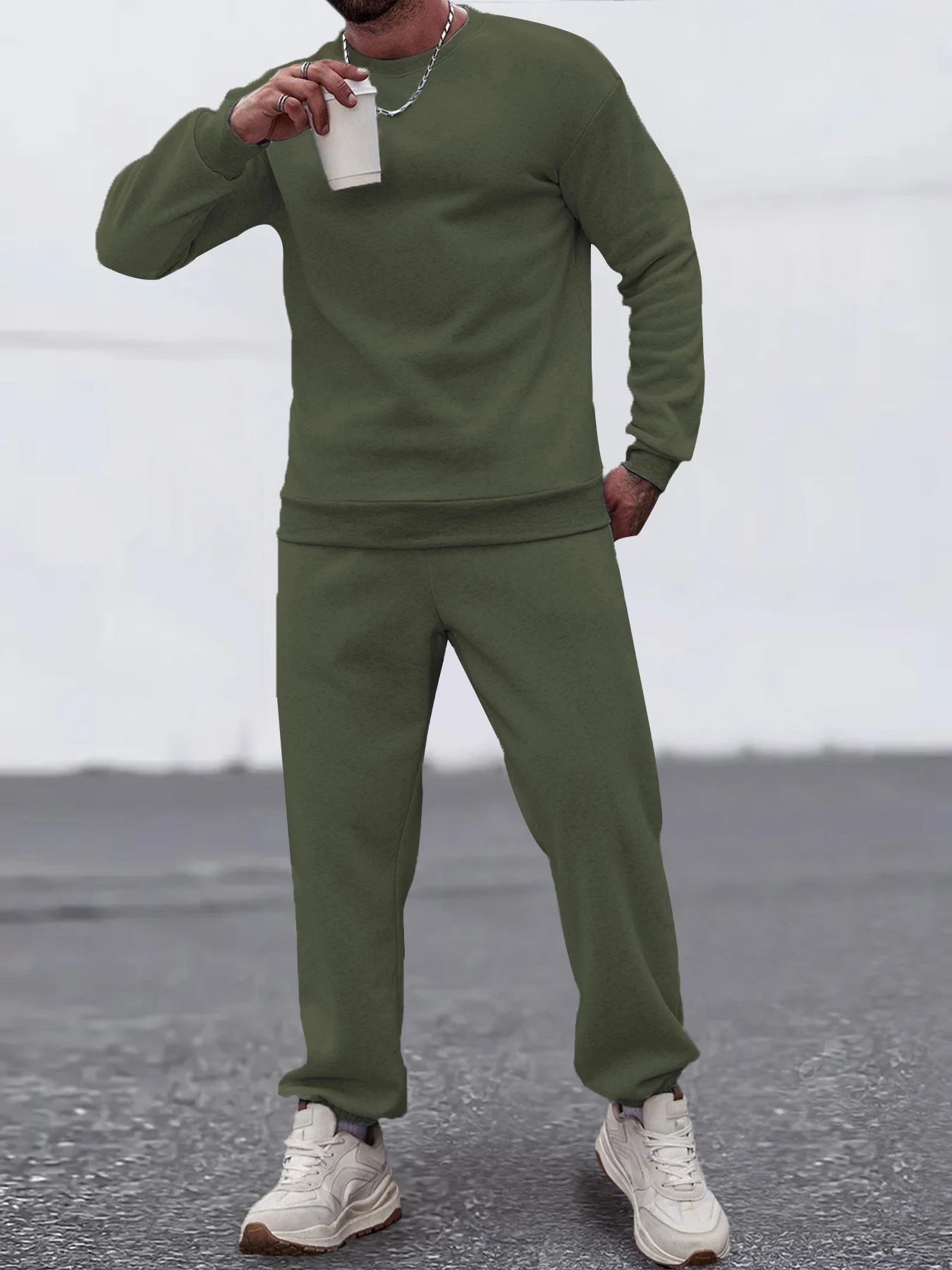 

Men's Solid Color Casual Outfit, Crew Neck Pullover & Elastic Waist Jogger Pants