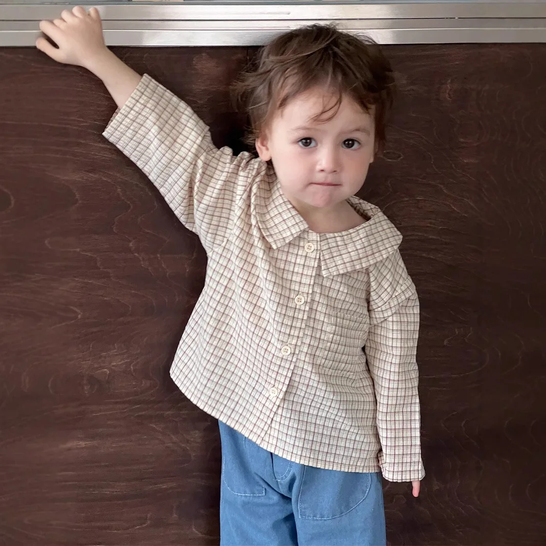 2025 Spring New Baby Long Sleeve Plaid Shirts Cotton Infant Girl Casual Lapel Tops Fashion Boys Loose Shirts Toddler Clothes