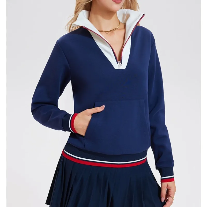 

2025 Sweater Women's Sports Senior Sense Autumn and Winter Retro Splicing Lapel Long-sleeved Casual Sweater Women