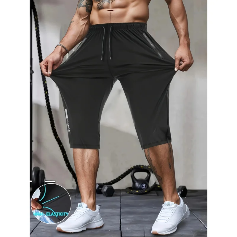 Men's Classic Shorts Summer Casual Sports High Elastic Waist Drawstring Cropped Pants Black Man Clothes Gym Running For Exercise