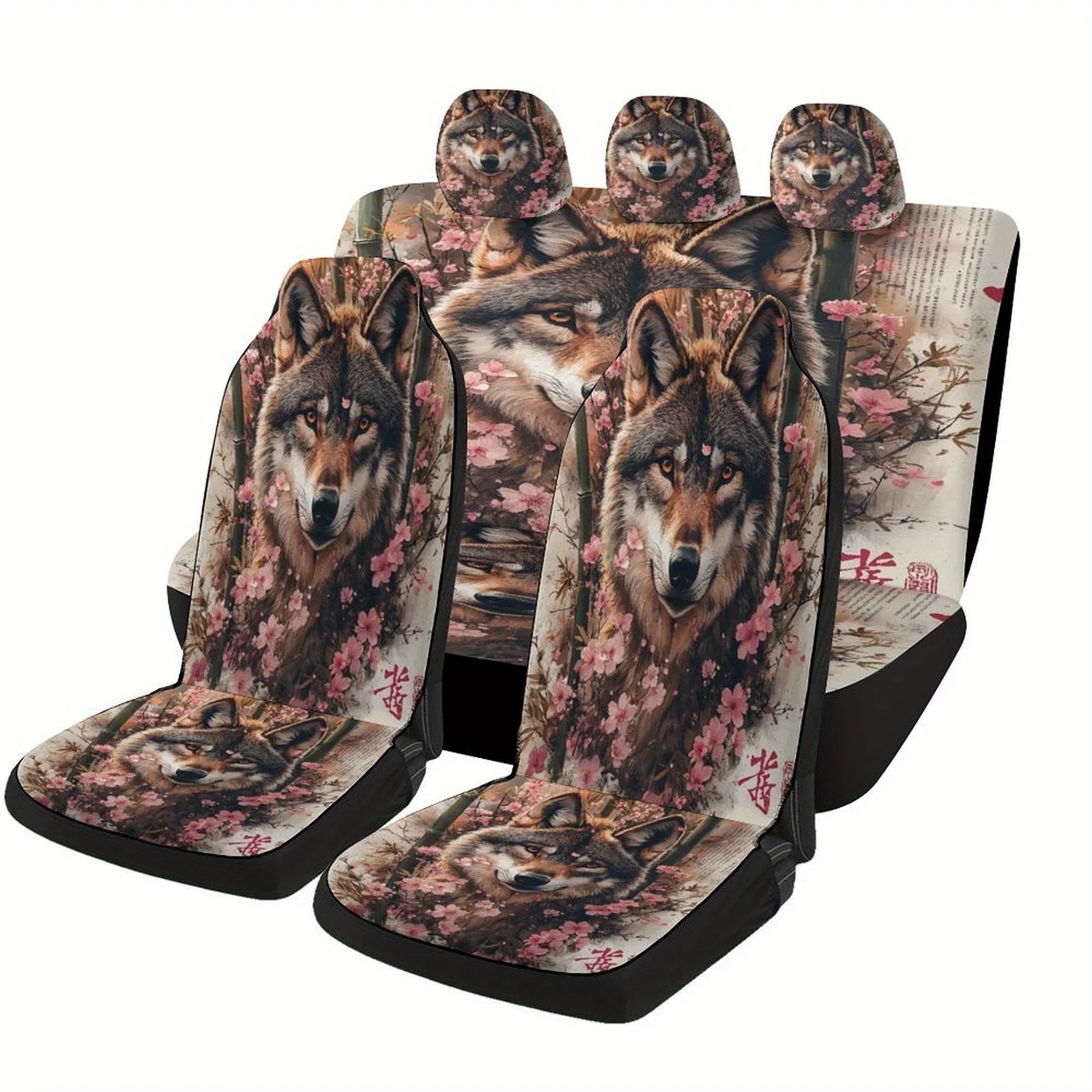 Wolf In Blossoms Designed Car Seat Cover Set For Most Cars, Trendy Novelty High-quality Car Seat Protector Covers Full Set, Univ