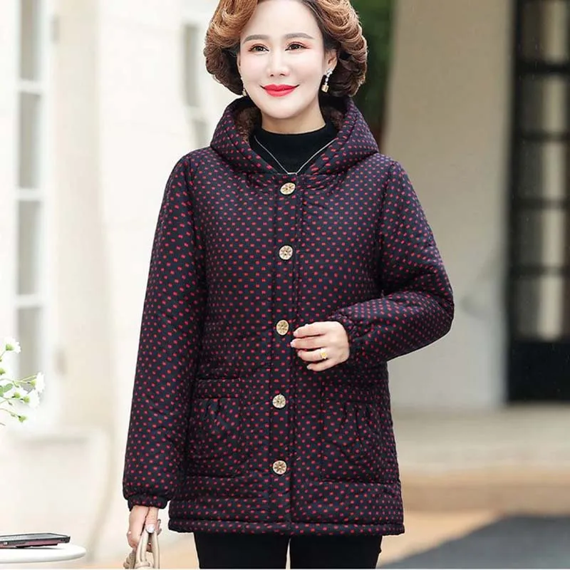 Mother Winter Coat Hooded Middle-Aged Women\'s Clothing Velvet Thick Cotton-Padded Jacket Women Basic Coat 5XL Female Outerwear