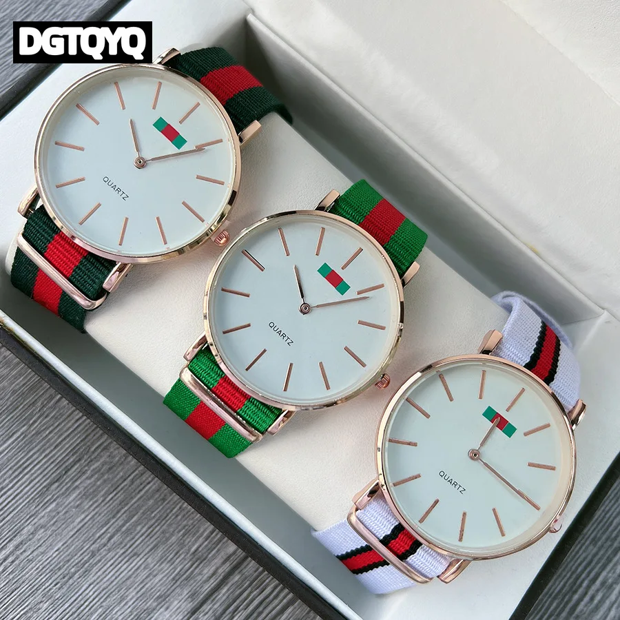 DGTQYQ Luxury Simple Women Quartz Watches Stripe Nylon Band Analog Quartz Wristwatch for Woman Fashion Ladies Gift reloj mujer