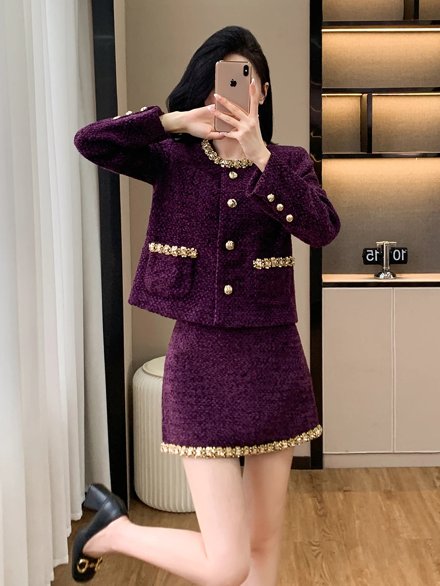 Luxury Brand Purple 2 Piece Set For Women Fall Winter Diamonds Jacket Coat+Mini Skirt Suits Elegant Fashion Womens Office Outfit