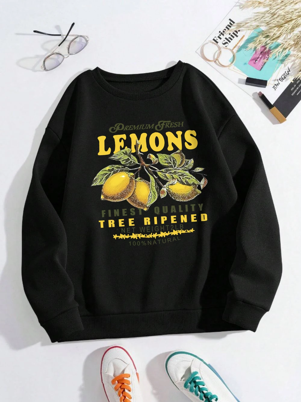 Premium Fresh Lemons Sweatshirts Women'S Fruits Printing Hoodies Loose Fleece Warm Crewneck Clothes Fashion Womans Pullovers