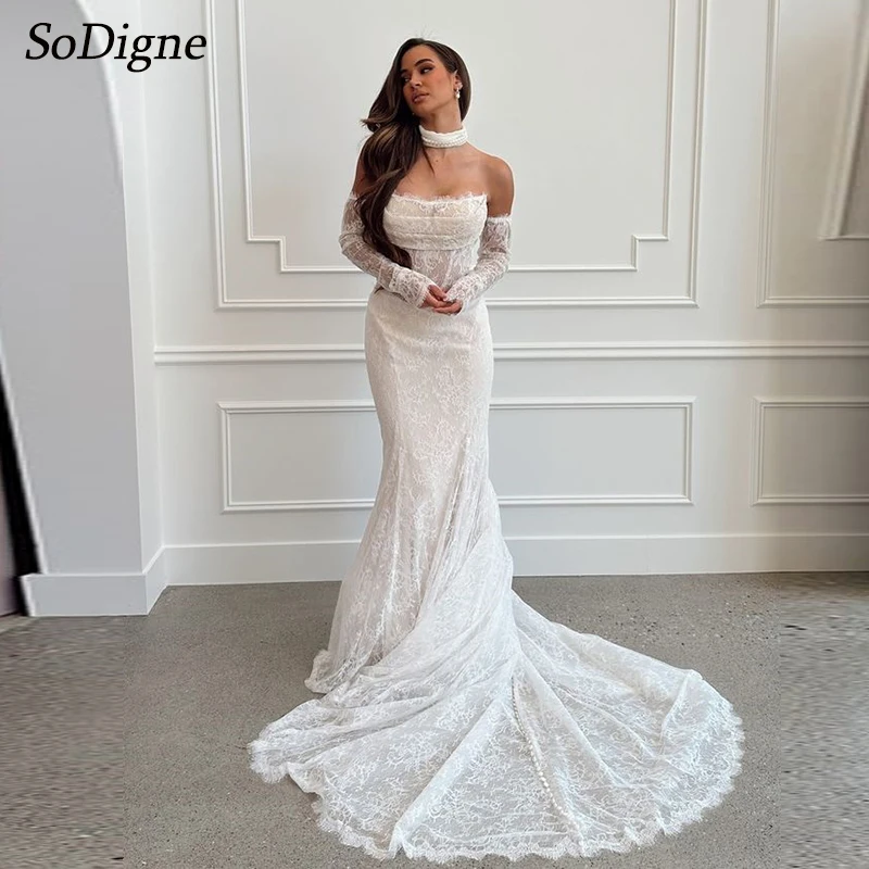 

SoDigne Mermaid Lace Beach Wedding Dresses Strapless Detachable Sleeves Bridal Dress Customized Women Long Wedding Gown