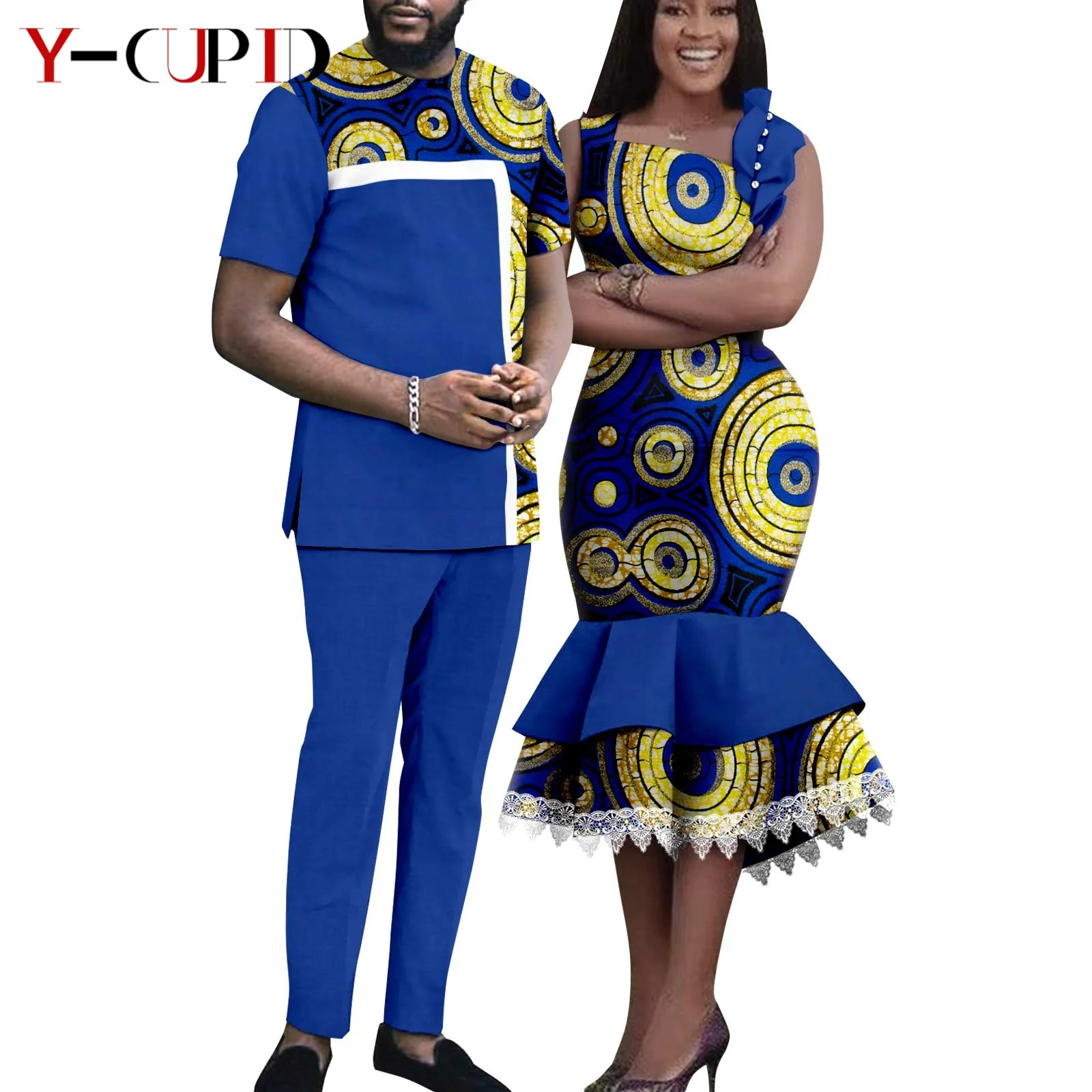African Matching Outfit for Couples Dashiki Summer Women Ruffles Dresses Bazin Riche Men Patchwork Top and Pant Sets Y23C055
