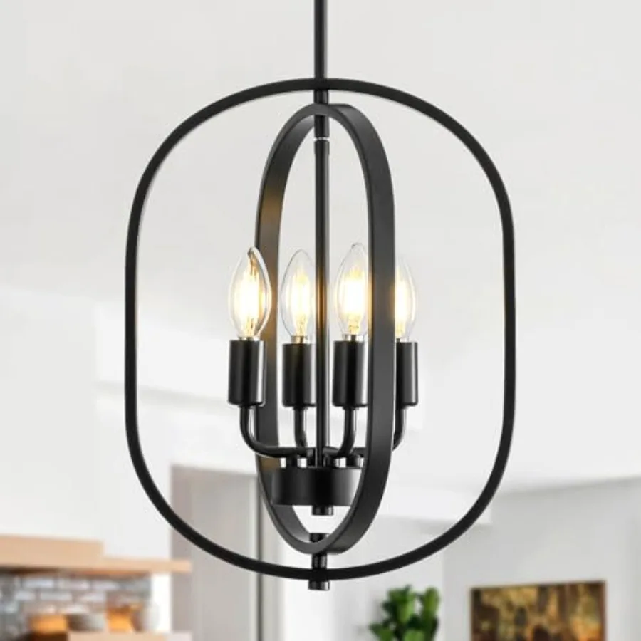 

12.2" Modern Farmhouse Black Small Chandelier, 4 Light Adjustable Geometric Hanging Light Fixture for Foyer, Entryway, Hallway,