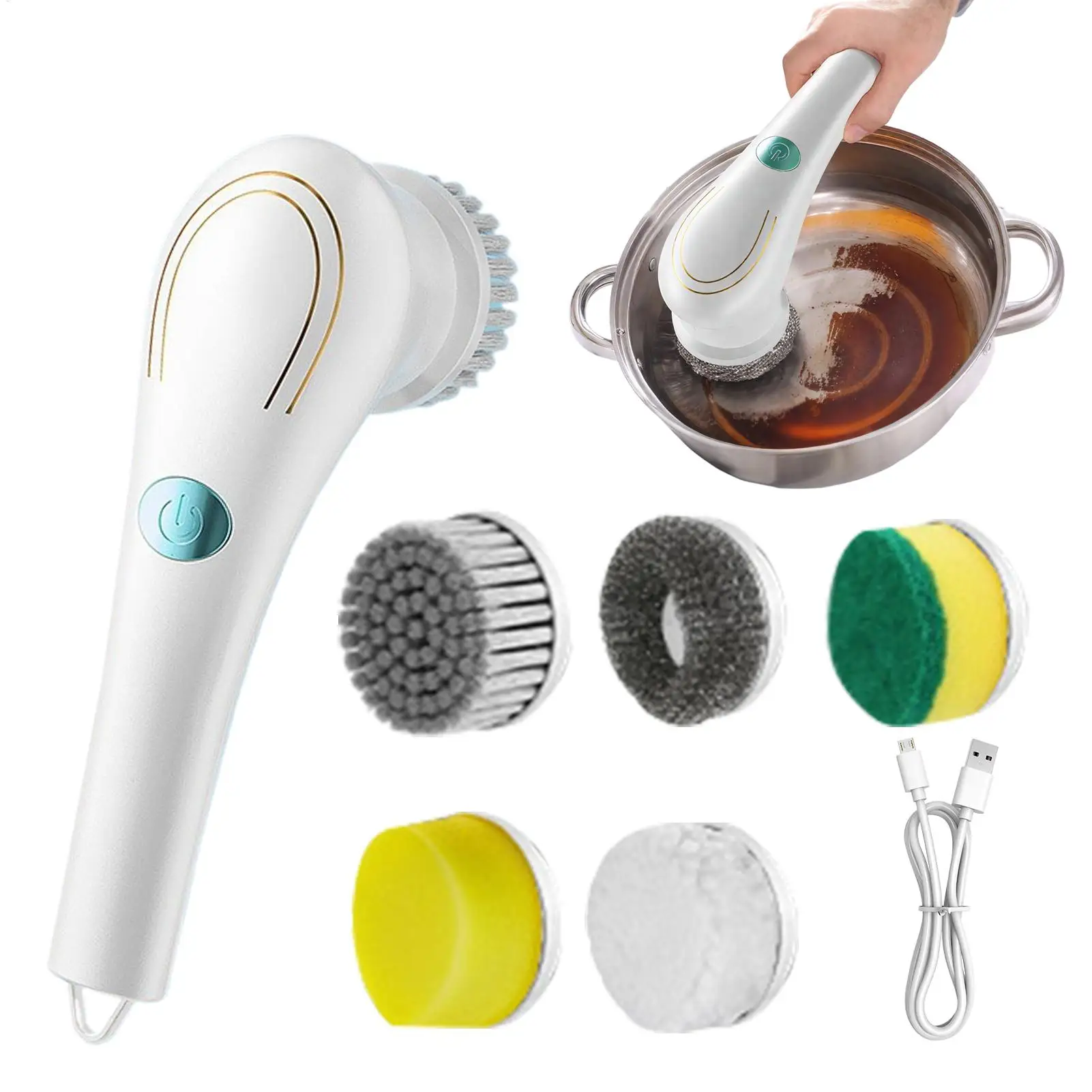 

Электрический гриль, скребок для чистки ванной комнаты, мощный скруббер с 5 сменными насадками, электрическая щетка для чистки