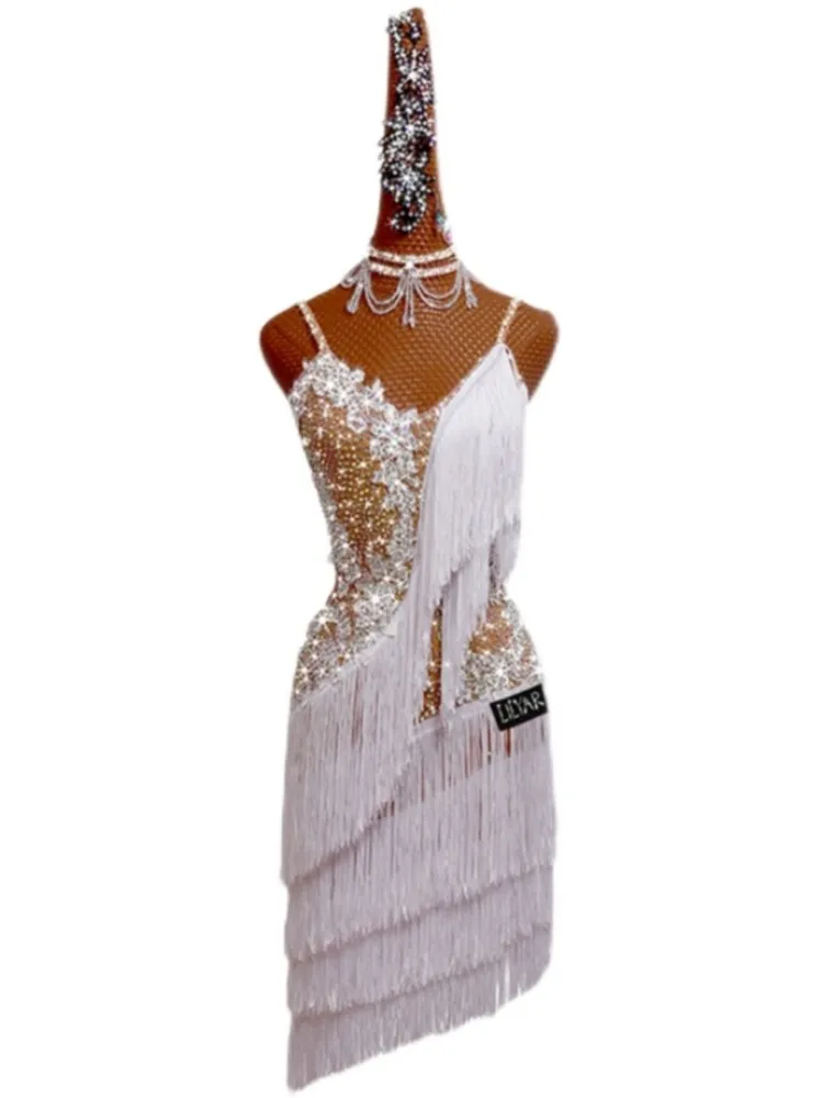 New Latin Dance Skirt Performance Competition Clothing Adult Children White Rumba Tassel Sparkling Diamond Customization