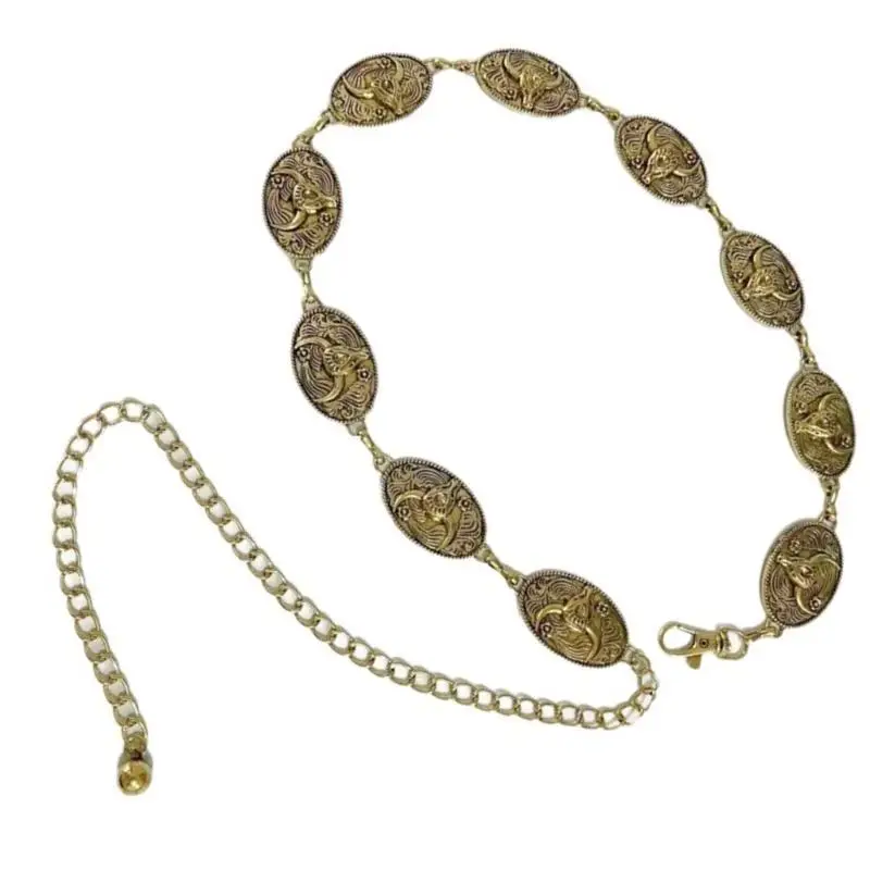 P9FE سلسلة متقنة سلسلة البطن لفستان حزام على شكل سلسلة للنساء الخصر حزام على شكل سلسلة المنحوتات الخصر سلسلة حزام طويل القرون