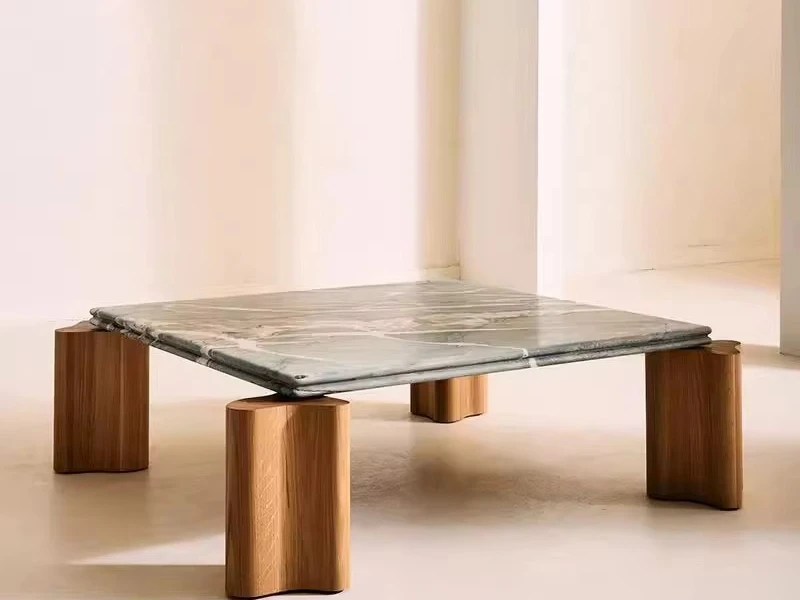 Marble top square coffee table wooden legs large size modern natural wood design