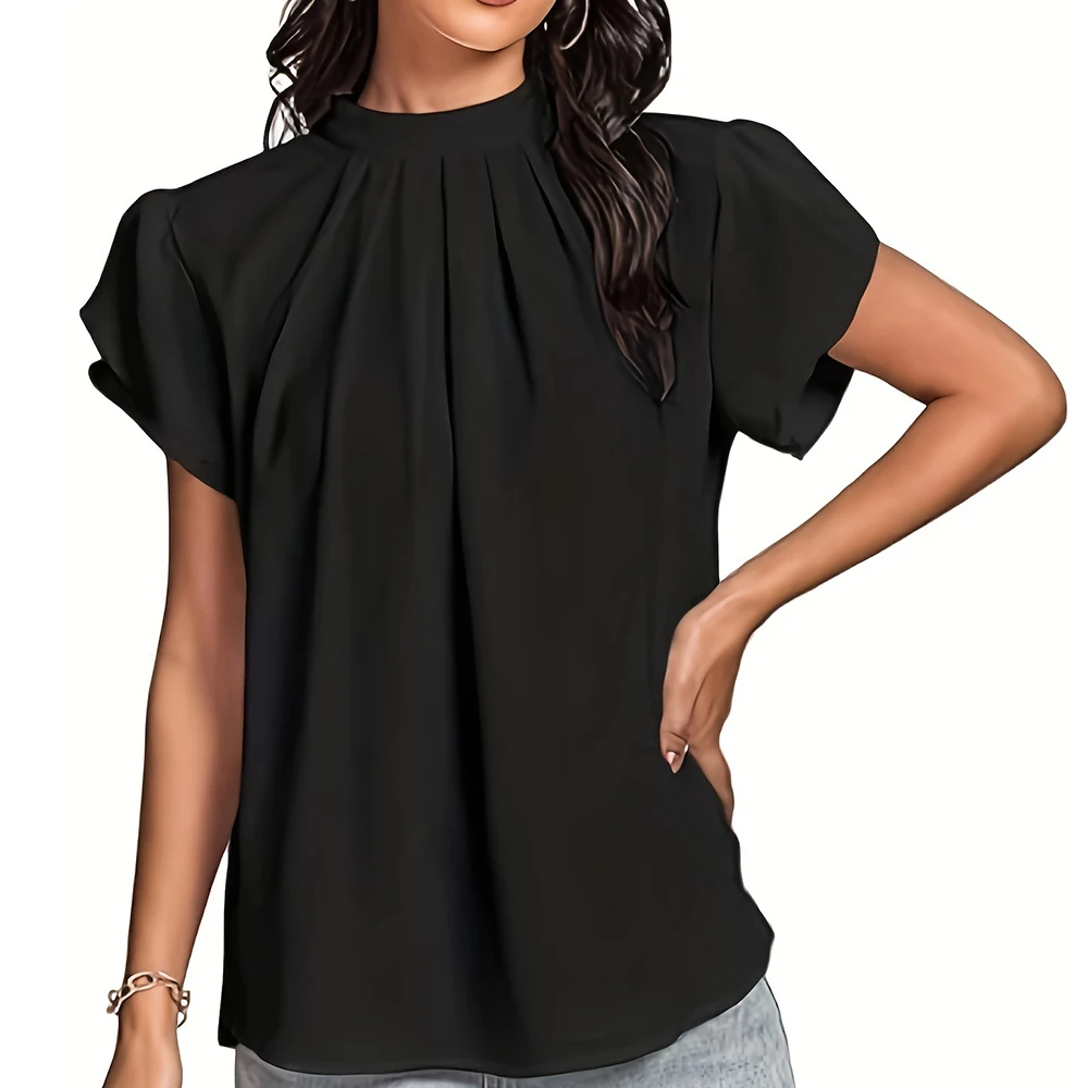 Women's Polyester Pleated Wrap Top with Short Sleeves Curved Back Design and Keyhole Opening for Year Round Wear