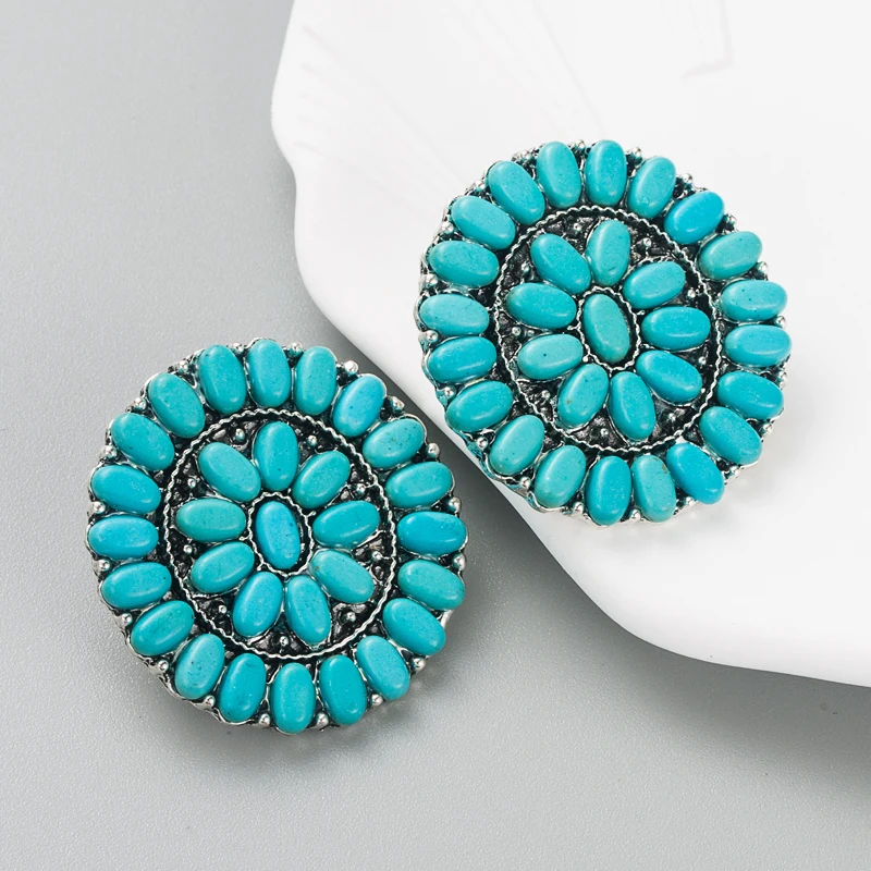 European and American Retro Geometric Round Turquoise Earrings, Fashionable and Personalized Temperament Turquoise Earrings