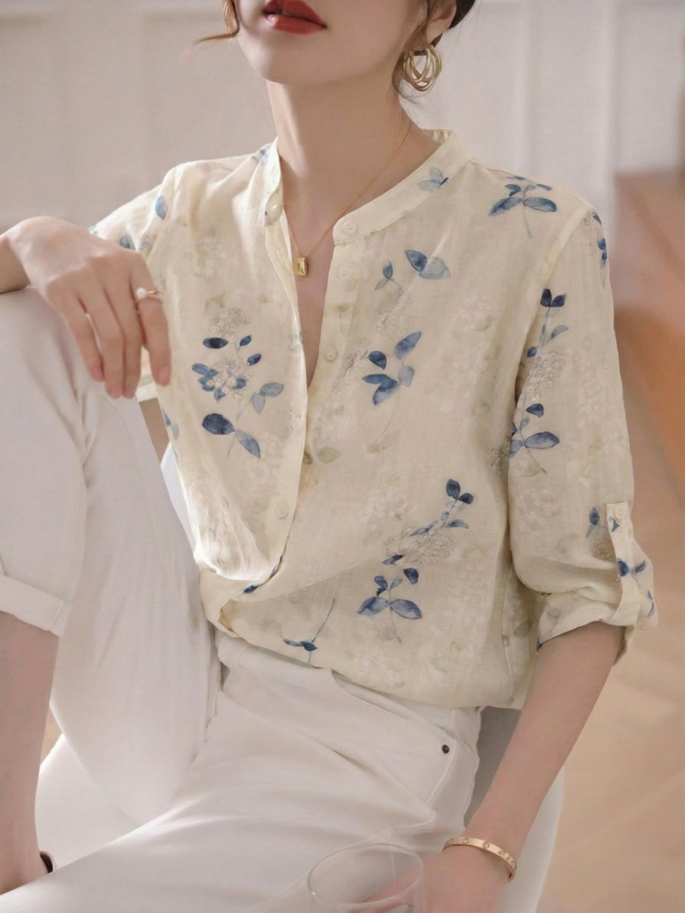 Women's Misty Blue Watercolor Floral Stand Collar Blouse 3/4 Sleeve Slim Fit Breathable Top with Rolled Cuff for Spring Summer