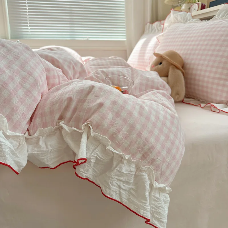 Korean Style Pink Plaid Laec Bedding Sets 2026 New Twin Full Queen Bed Sheet Set Soft Duvet Cover Set Pillowcase Bed Linen