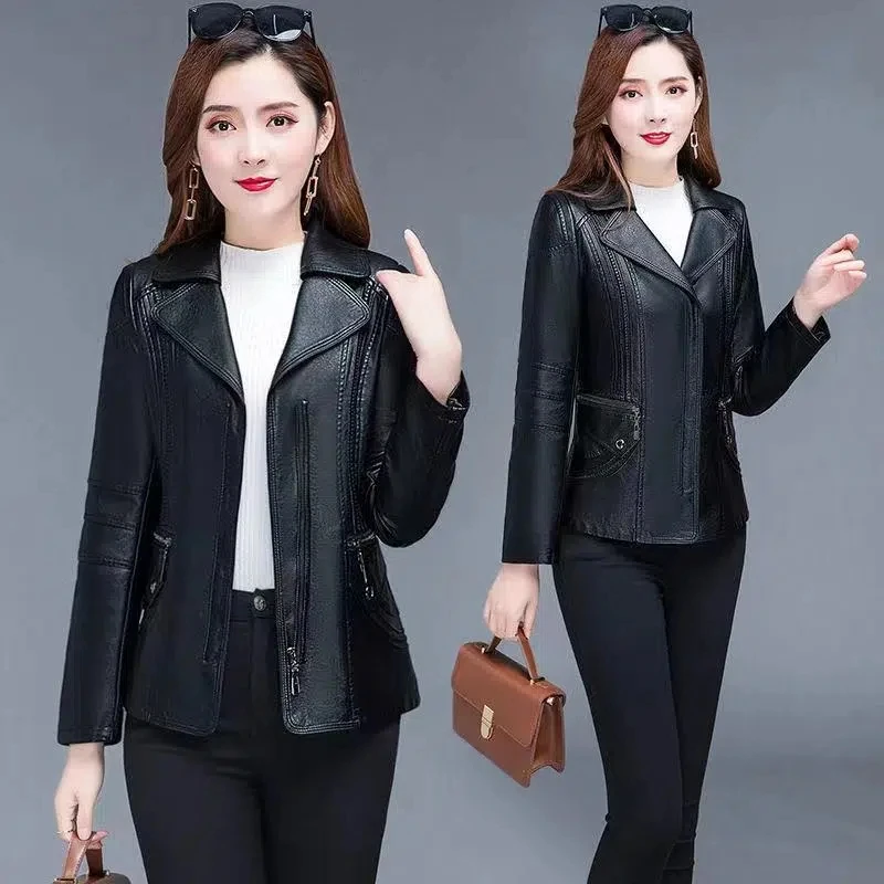 XL-6XL Women Leather Jacket Spring Autumn New Fashion Women Pu Leather Coat Lady Faux Leather Black Zipper Motorcycle Coat Y1070