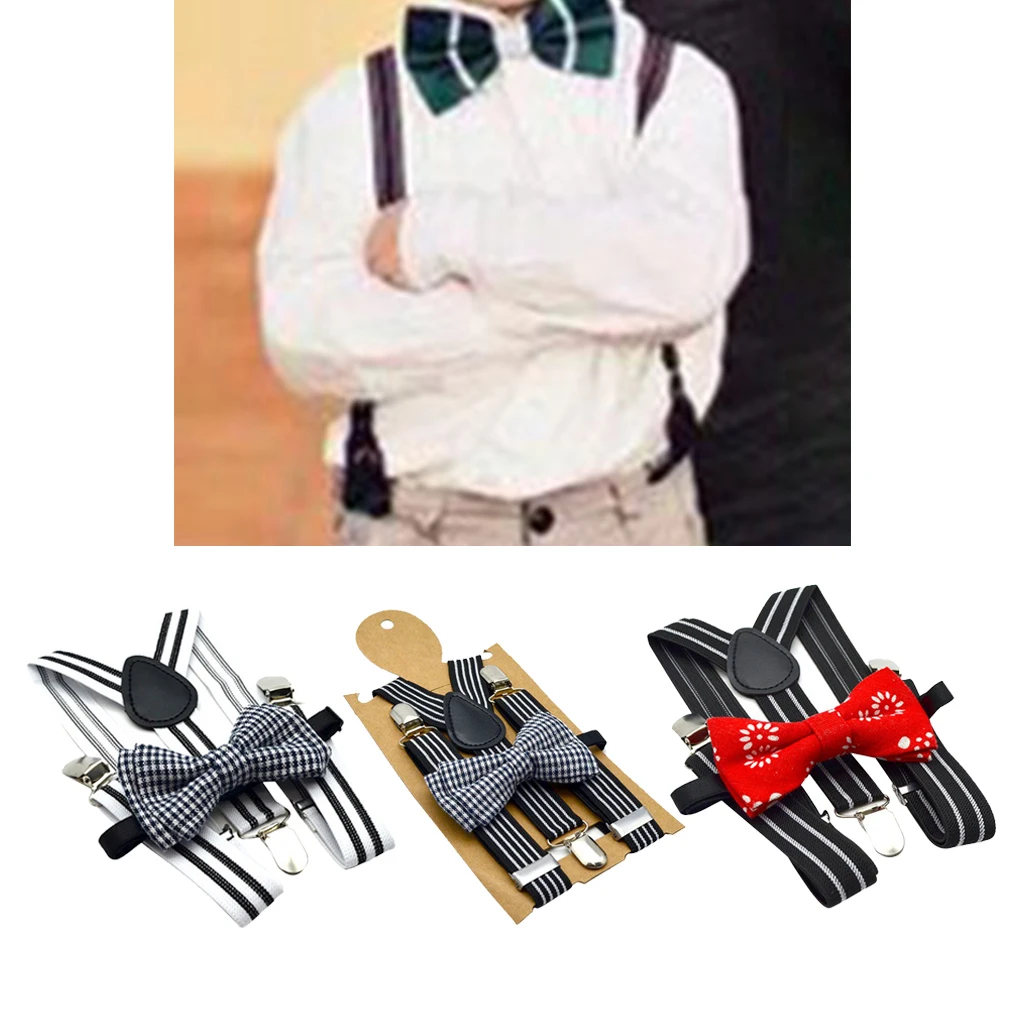 Gestreifte Hosenträger für Herren mit Fliege, robuste Hosenträger mit Clip-Riemen