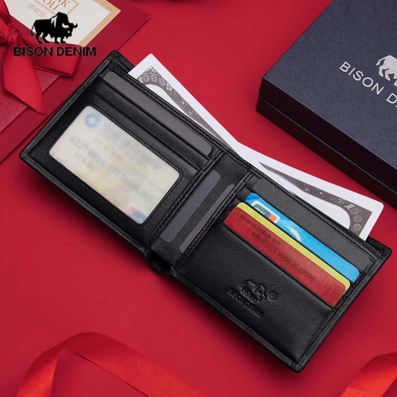 بيسون الدنيم الرجال محفظة صغيرة موضة حامل بطاقة جديدة متعددة الوظائف الشباب جلد طبيعي الأعمال محفظة 2025 محفظة جديدة هدية