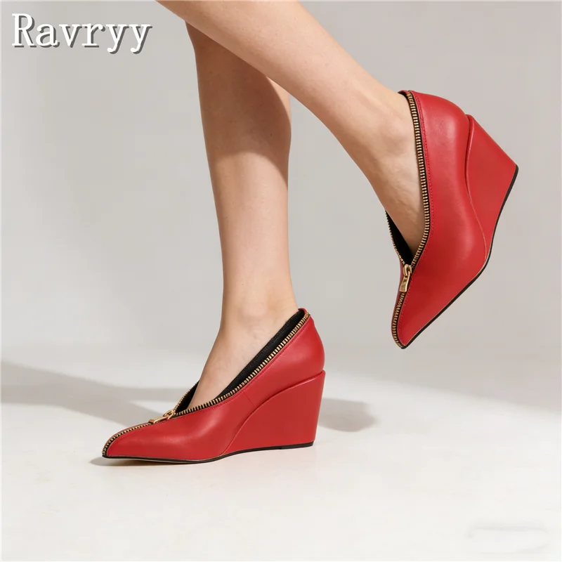 

Fashion Forward Red Leather Pointed Toe Wedge Pumps with Bold Gold Zipper Design Women Runway Party High Heel Shoes