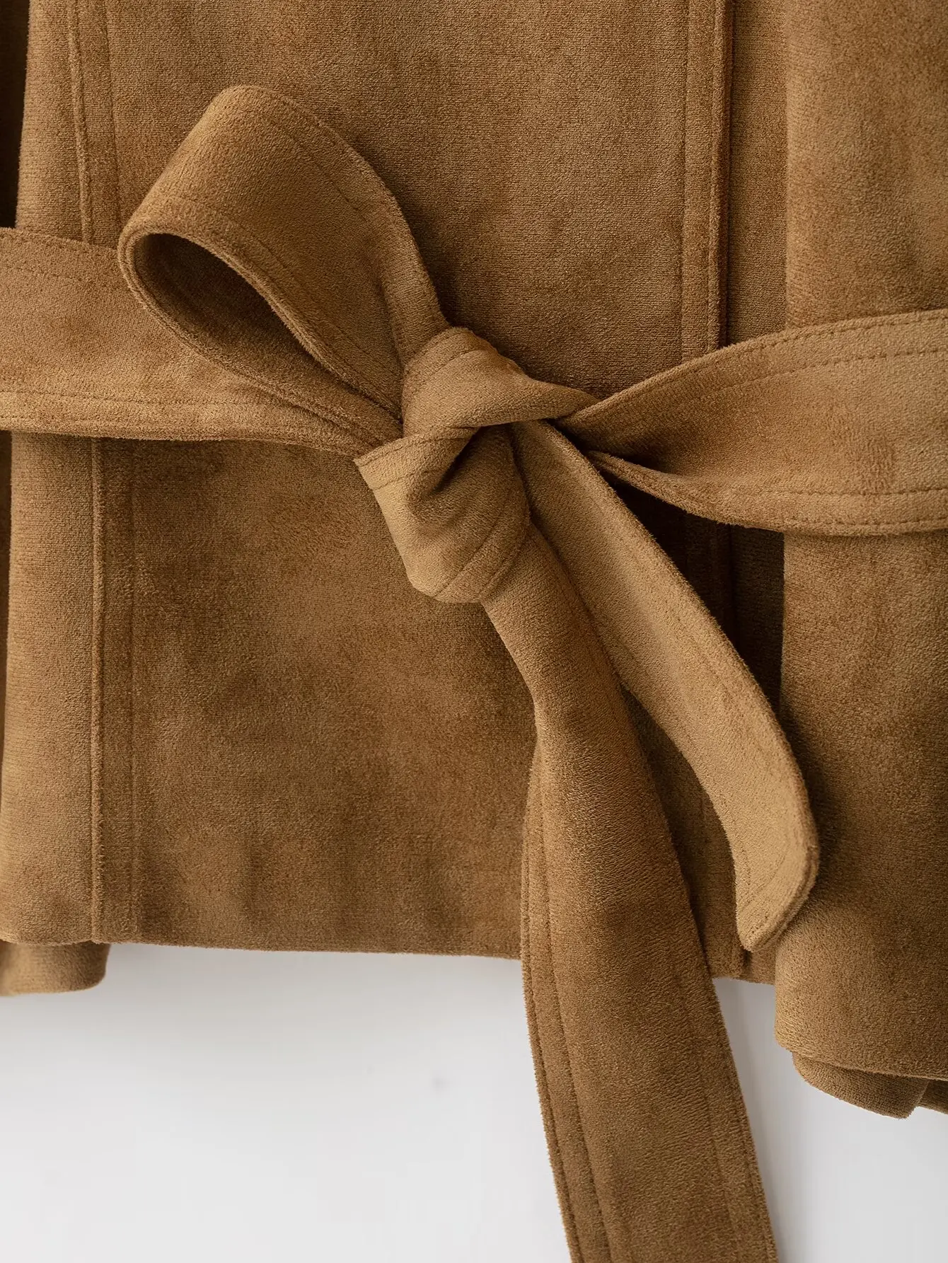 TFMLN Damen Wildlederjacke, Modischer Stehkragen, Gürtel, Locker Geschnittene Oberbekleidung, Herbst-Winter Freizeitjacke, Einfarbig, Vintage-Stil 2026 – Detail 5