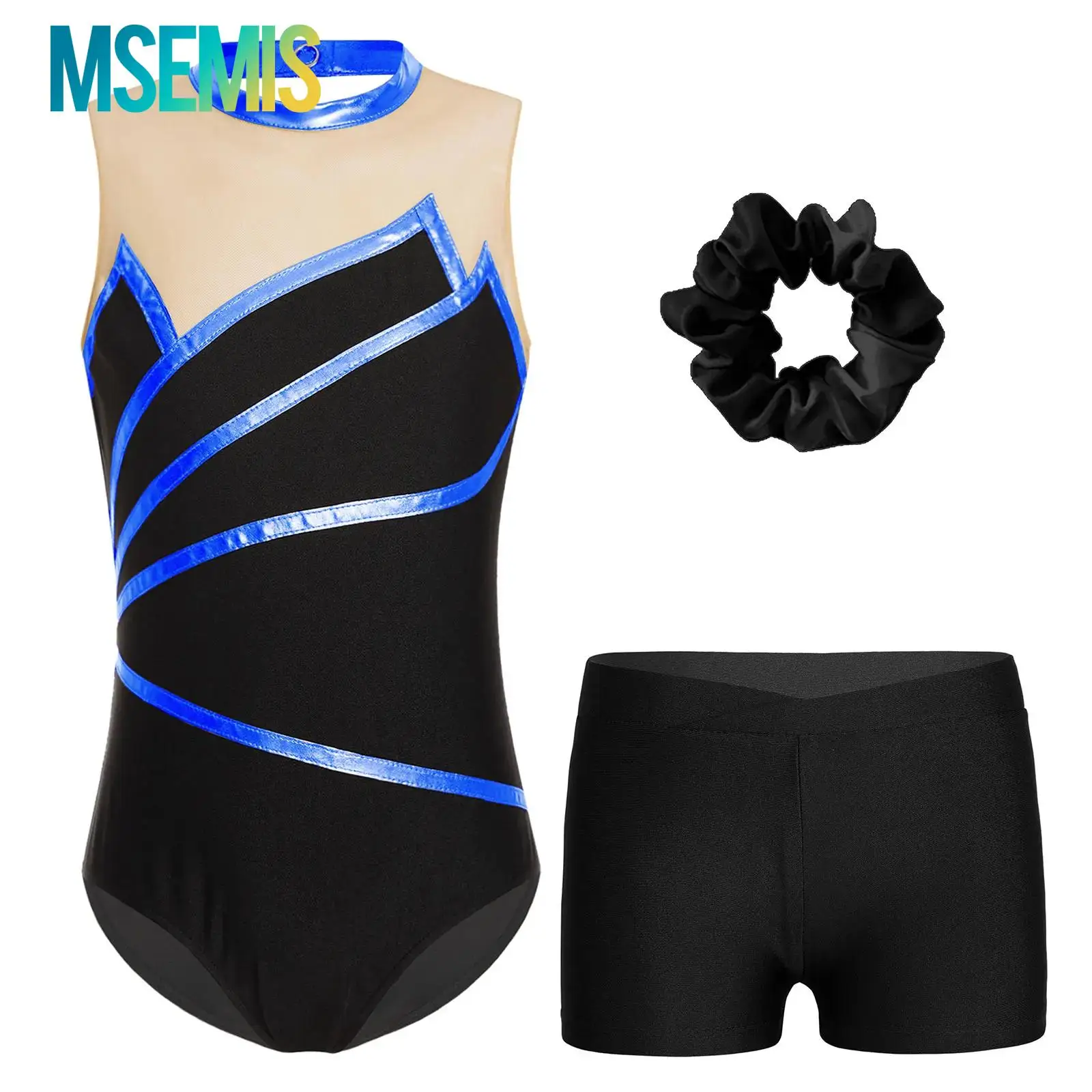 Kids Girls Gymnastics Leotard Ballet Jersey Dance Performance Costume with V-front Waistband Shorts And Hair Tie Headband Set