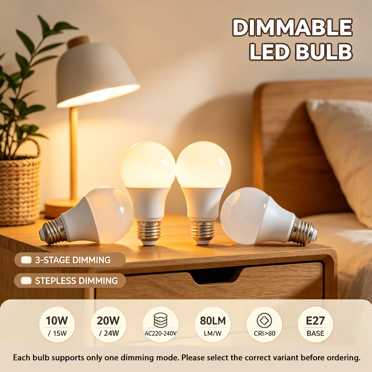 Dimming LED Bulb AC220-240V 10W 15W 20W 24W  Rotary Dimmable Smooth Stepless Dimming / Wall‑Switch Dimming Flicker‑Free Lighting