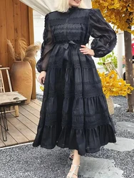Retro fashion long-sleeved heavy stitching lace dress 2024 spring new women's single-breasted lace waist swing loose dress