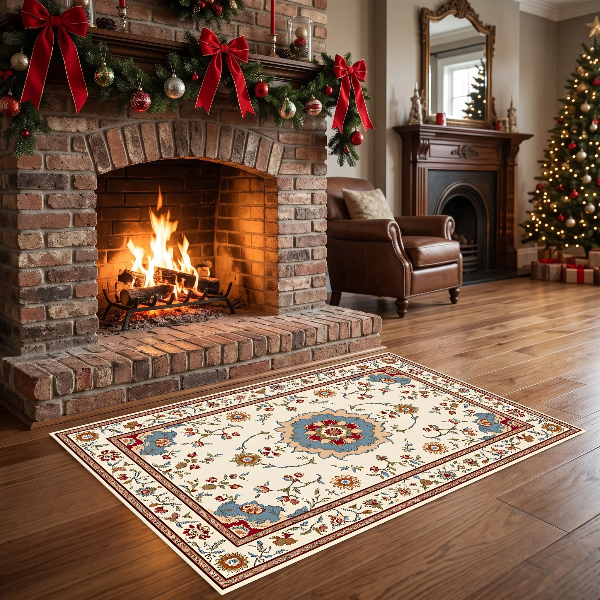 A Vintage-Style, Warm and Cozy Christmas-Themed Soft Furnishing Item for the Living Room and Bedroom, Featuring a Floral Pattern and an Autumn/Winter Velvet Carpet