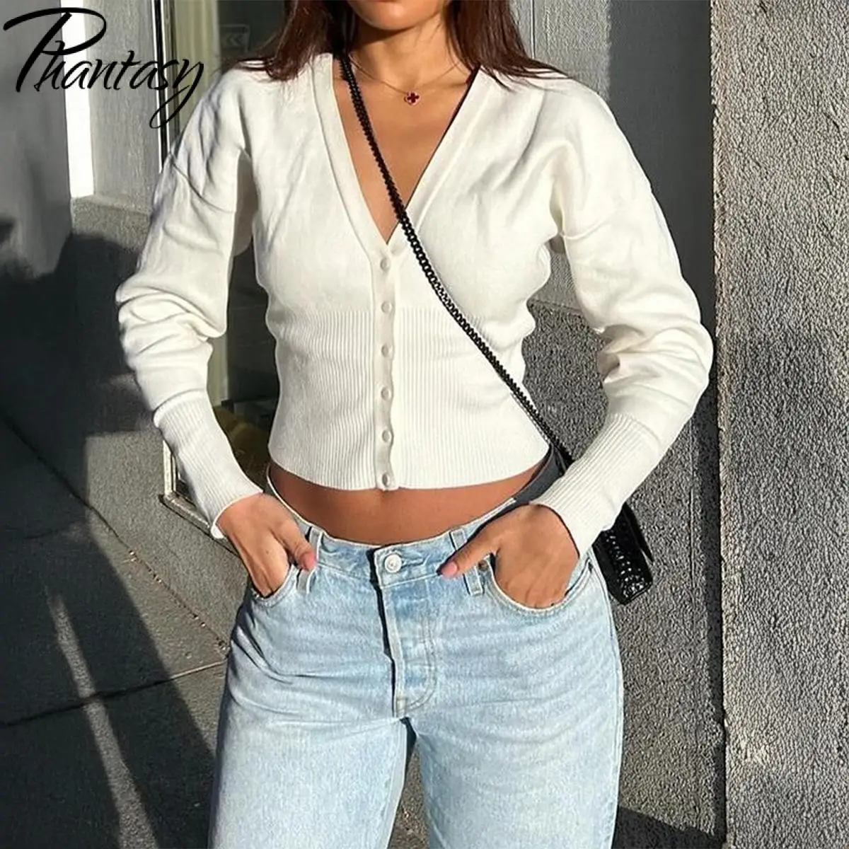 

Phantasy Autumn Winter Casual Button Long-Sleeved V Neck Sweater Fashion Commuter Solid Color Women's Basic Tops Cardigans