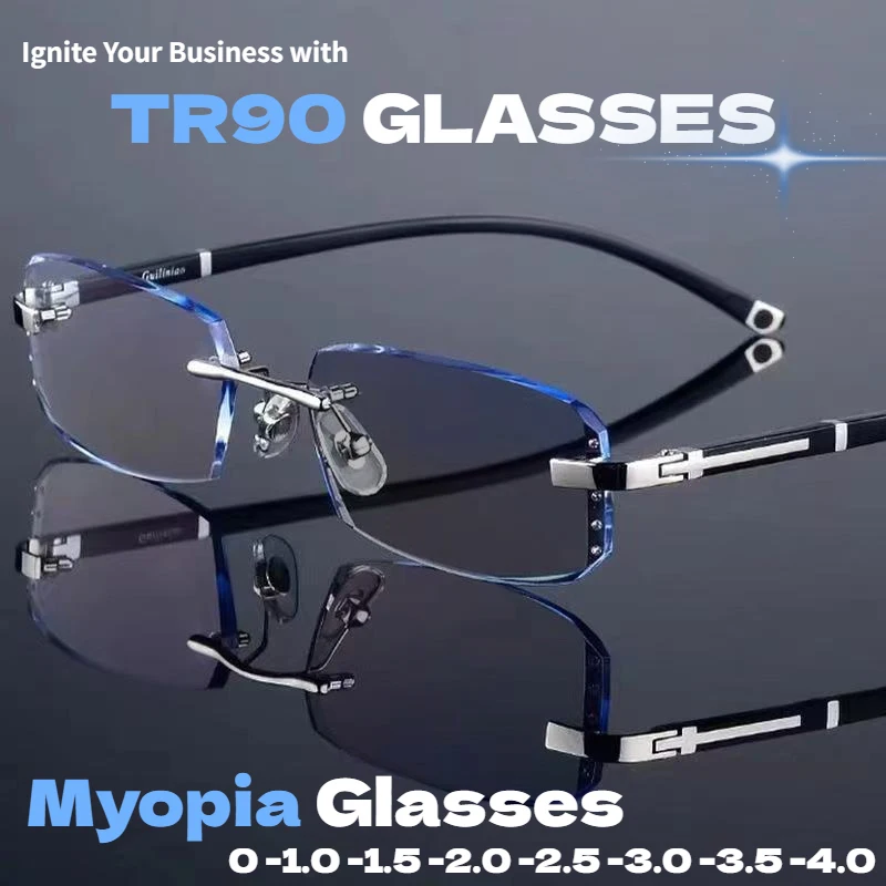 

Myopia Glasses Photochromic Glasses Rimless Anti Blue Light Diamond Cut Edge For Men And Women Nearsight Eyeglasses -1.0~-4.0