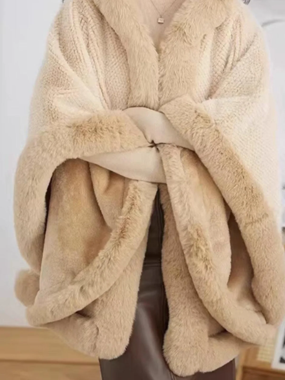 Faux Fur Coat with Hood Thickened Shaggy Collar Shawl Mid-Length Loose Fit Long Sleeve Women's Winter Outerwear