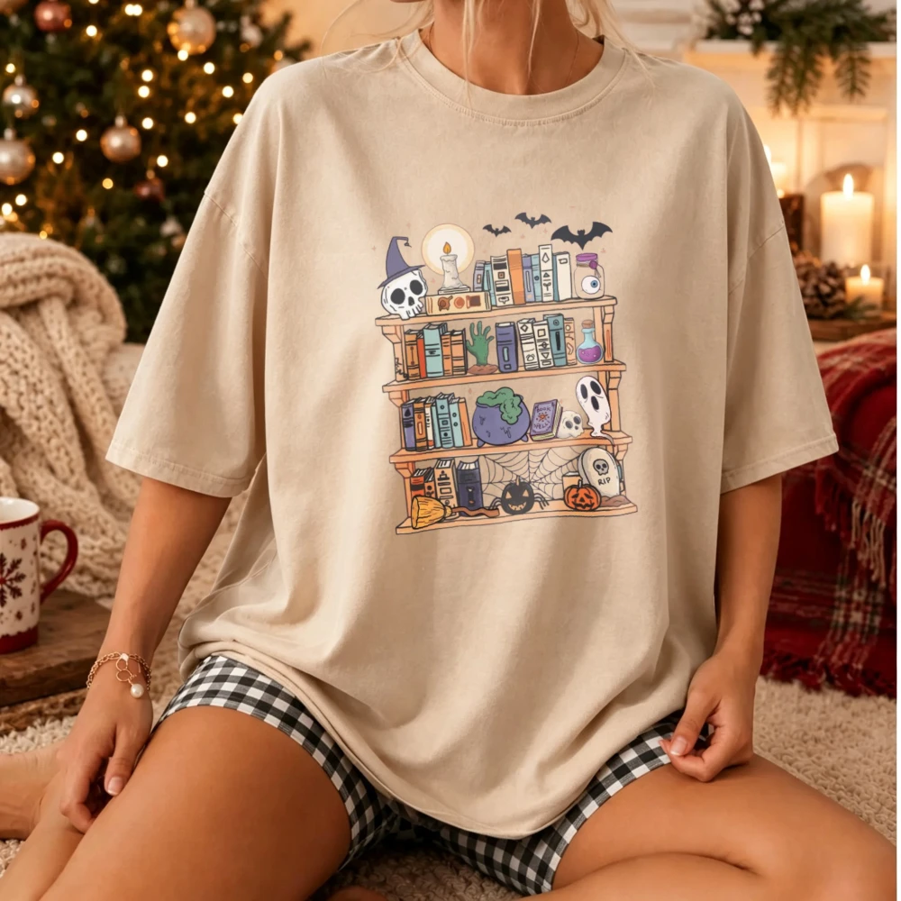 Halloween Witchy Bookshelf Graphic Tshirt Spooky Shelf with Potion Bottle Skull Ghost Pumpkin Spider Web Bat Magic Witch Bookish