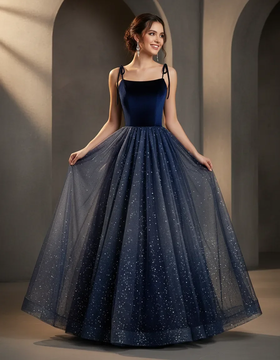 Navy Blue Velvet & Tulle Evening Dress with Starry Glitter Skirt & Corset Back for Prom, Quinceanera & Formal Events