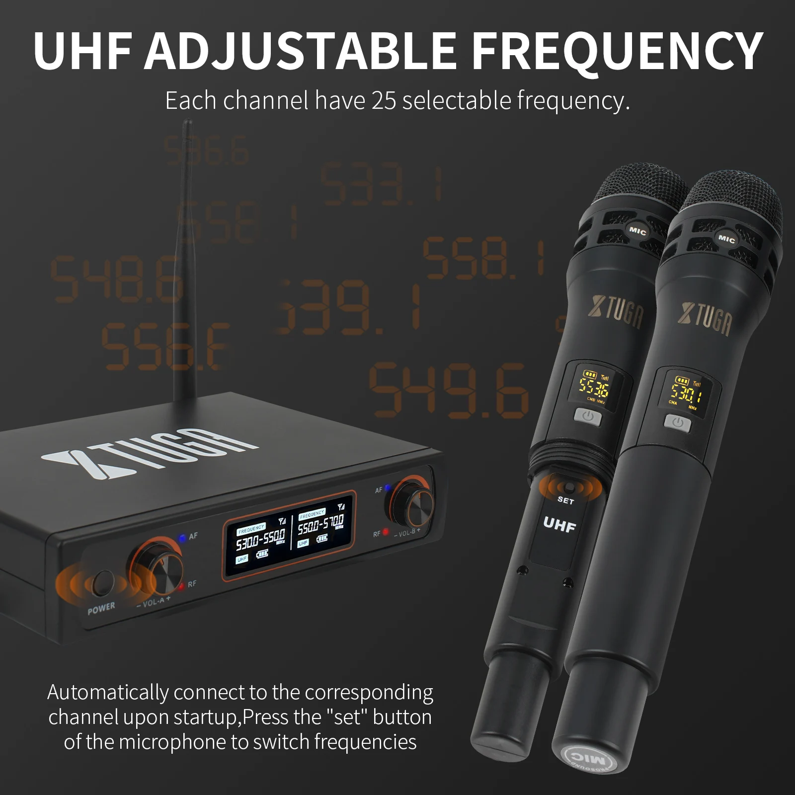 XTUGA-profissional sistema de microfone sem fio, dois microfones portáteis, em canais duplos, sistema sem fio para Karaoke Stage