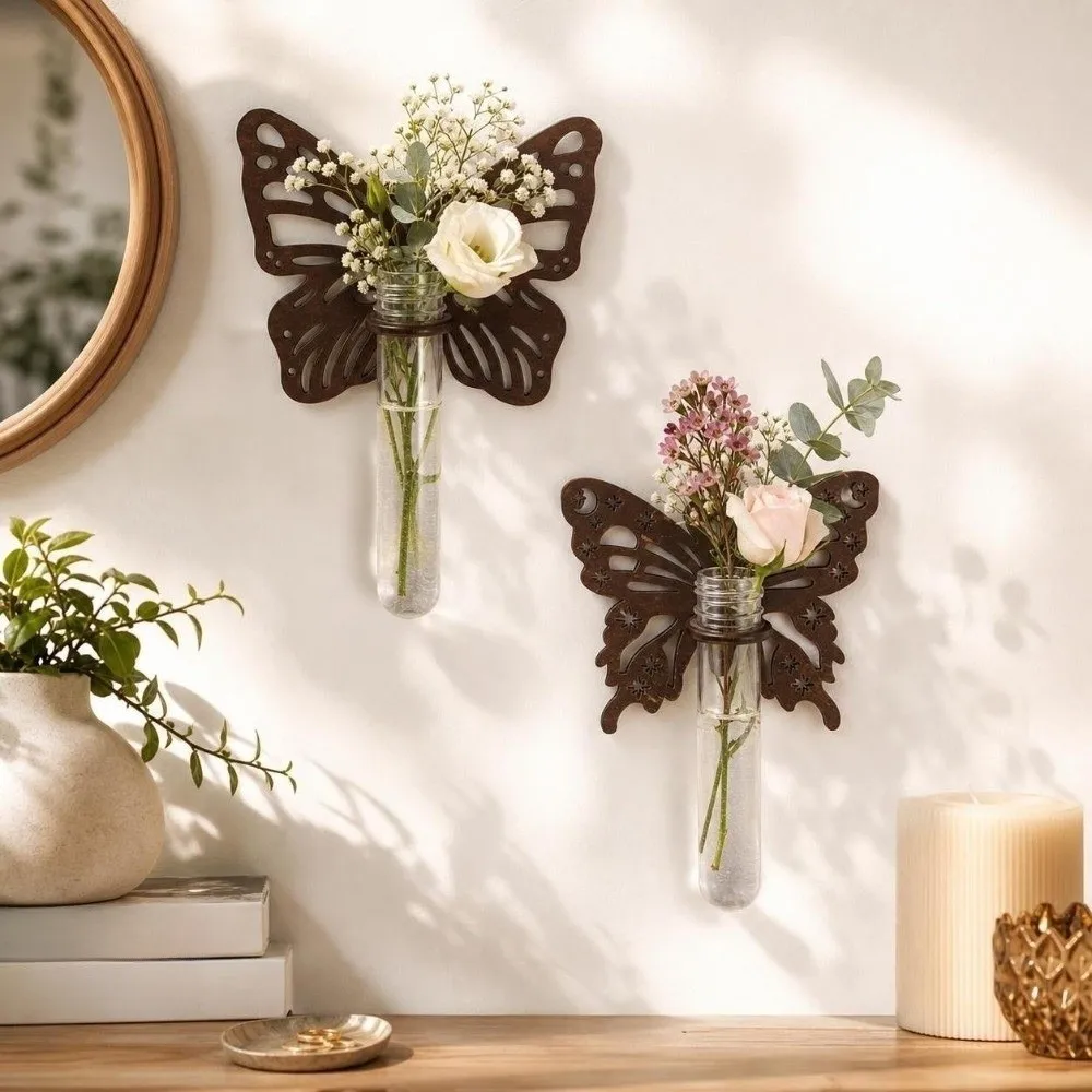 Wooden Hydroponic Planter Shelf Home Ornaments Butterfly-Shaped Wall Mounted Planter Vase Hollow Out Planter Holder Plant Lovers