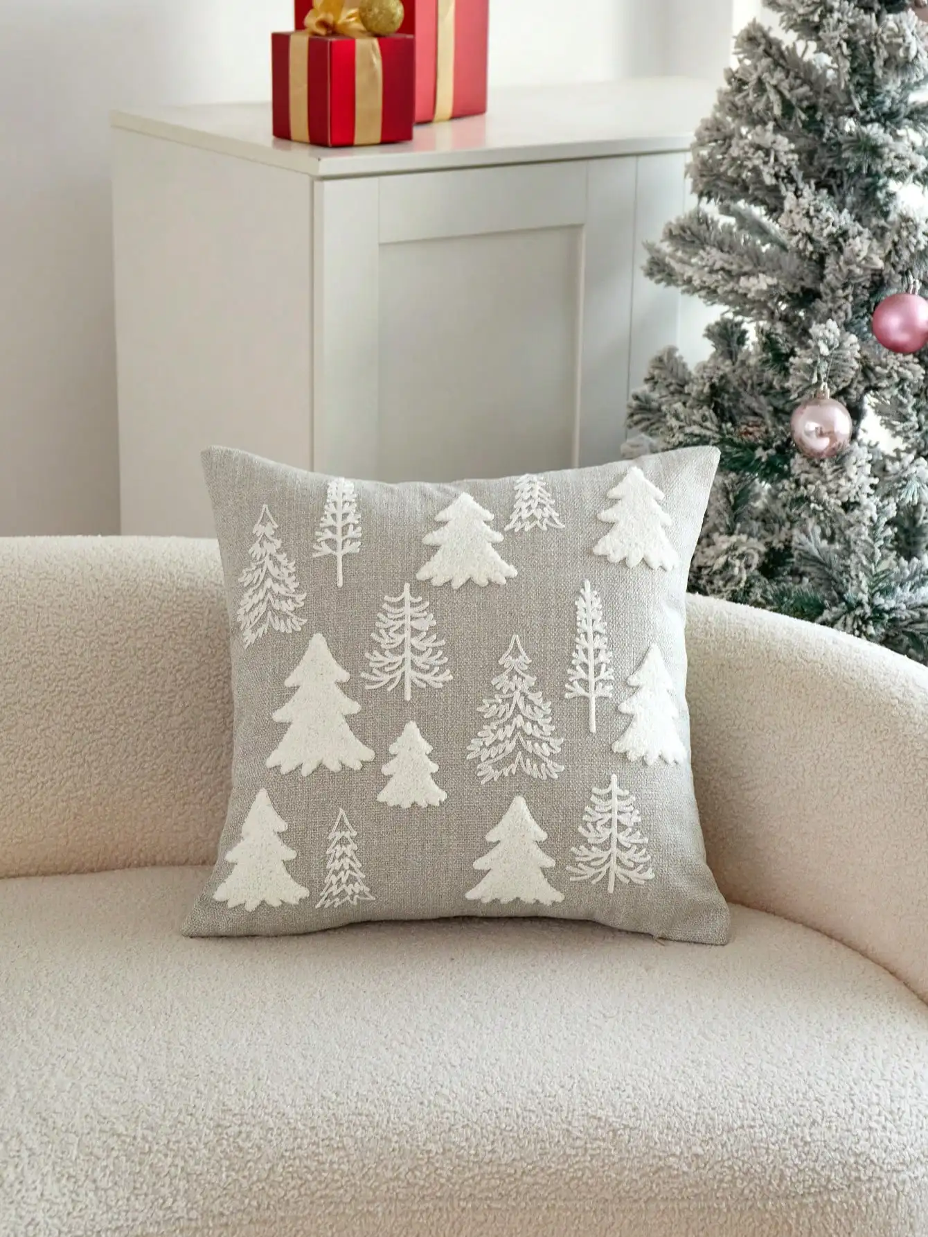 1pc grijze kerstboom geborduurde kussenhoes kerstdecor
